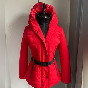 Michael Kors Red Quilted Belted Puffer Jacket Coat Women Size M